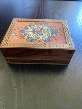 Hand-Painted Floral Wooden Keepsake Box - Orange, Turquoise, Pink